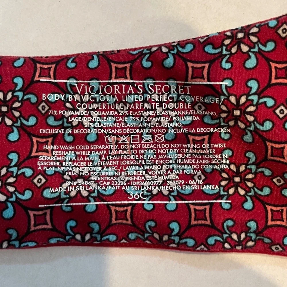 VICTORIAS SECRET Body by Victoria Lined Perfect Coverage Red Floral Lace Bra 36C